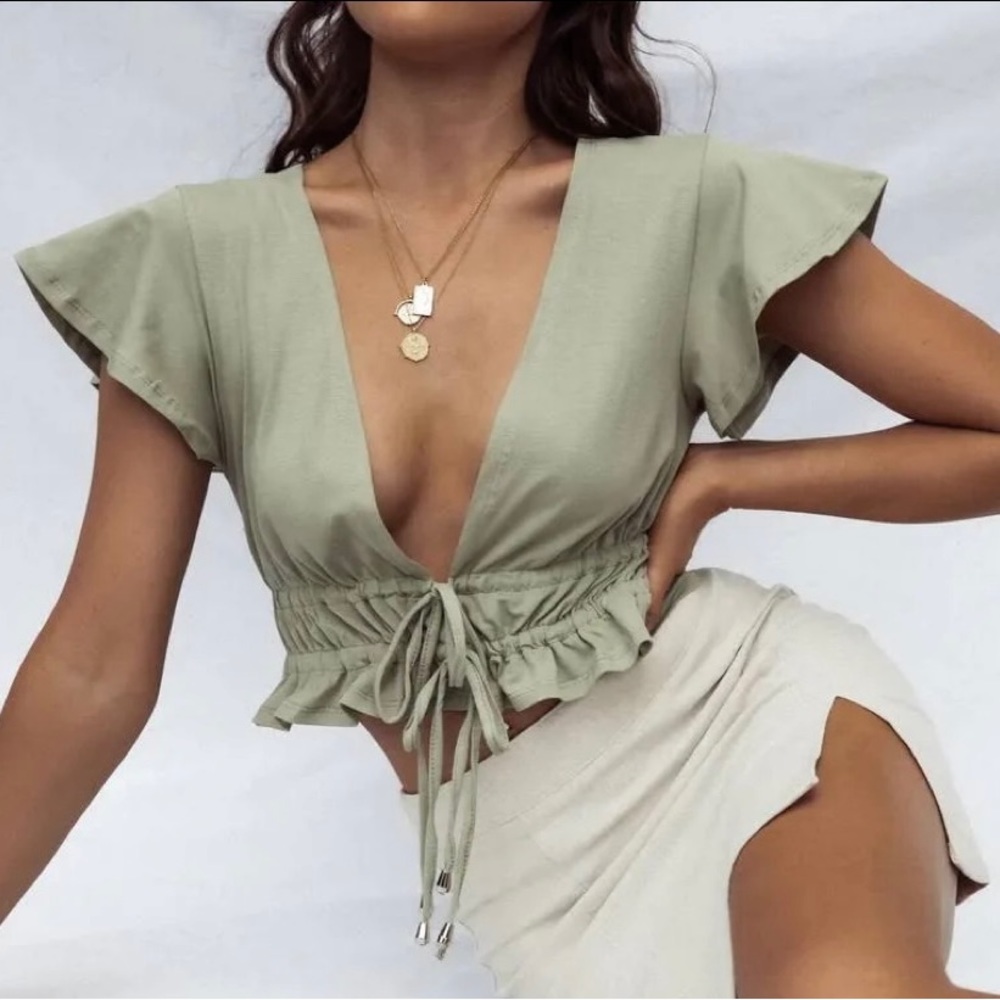 Princess Polly Olive Green Front Tie Crop Top